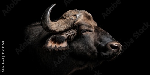 Photo of a buffalo isolated against a black background, emphasising the buffalo's majestic features. Wildlife and conservation concept, space for copy.