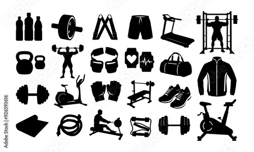 Set of different types of Gym elements silhouette illustration bundle