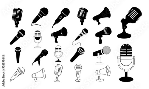 Set of different types of microphones silhouette illustration