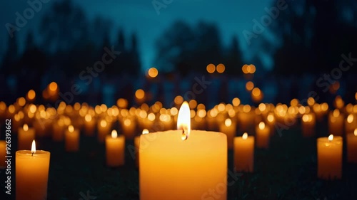 A candle is lit in a field of candles