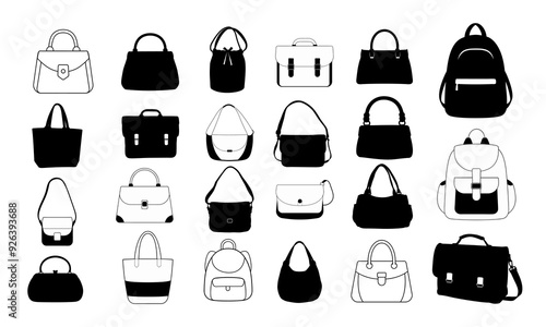 Set of Handbag, Backpack, crossbody bag, hand purse silhouette illustration