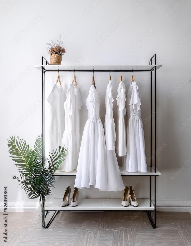 white trendy closet, bright Fashion clothes on white wall background. Many white dresses hanging on the rail ready for shopping
white trendy closet, bright Fashion clothes on white wall background. Many white dresses hanging on the rail ready for shopping