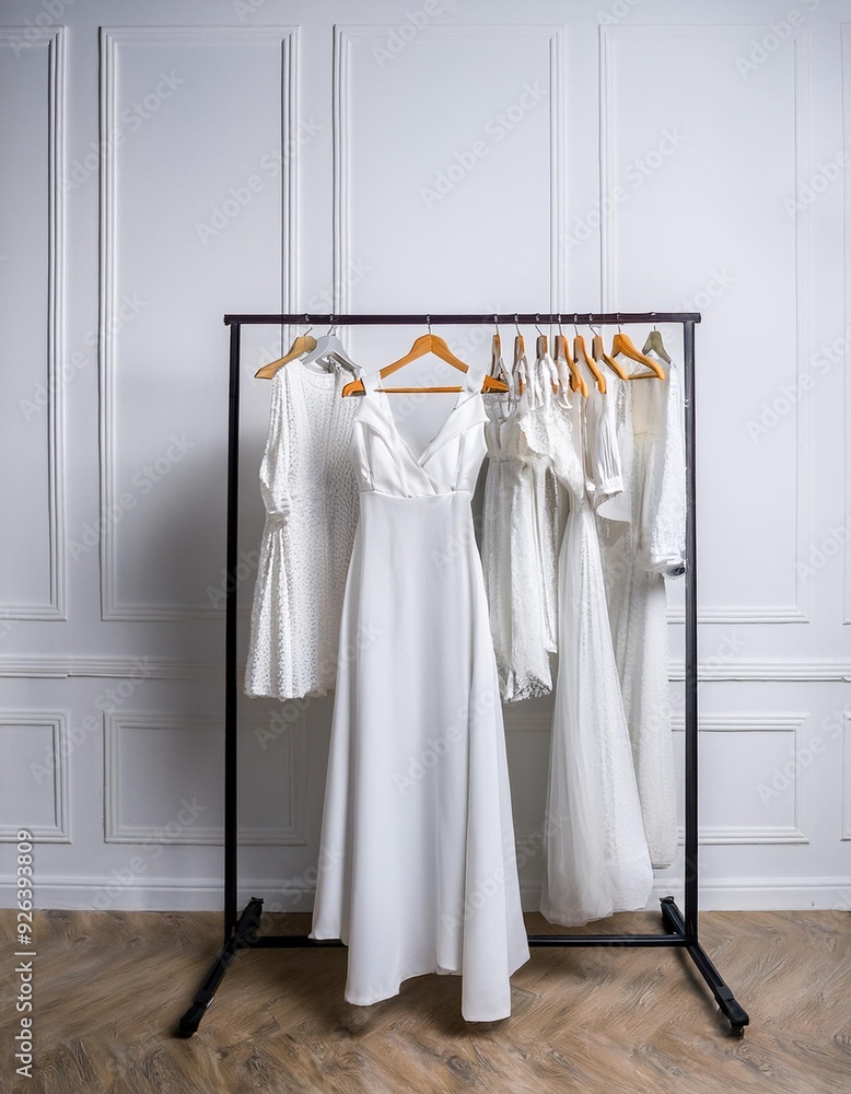 white trendy closet, bright Fashion clothes on white wall background. Many white dresses hanging on the rail ready for shopping
white trendy closet, bright Fashion clothes on white wall background. Many white dresses hanging on the rail ready for shopping