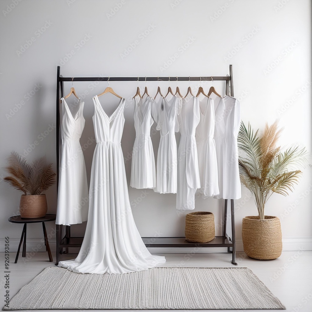 Fototapeta premium white trendy closet, bright Fashion clothes on white wall background. Many white dresses hanging on the rail ready for shopping
