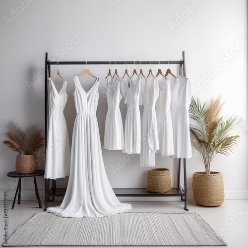 Wallpaper Mural white trendy closet, bright Fashion clothes on white wall background. Many white dresses hanging on the rail ready for shopping
 Torontodigital.ca