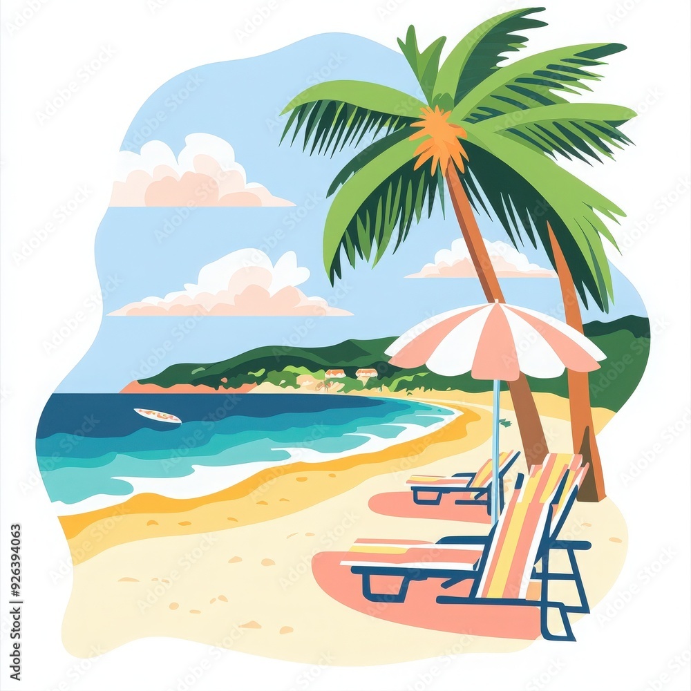 Fototapeta premium A serene beach scene with palm trees, sun loungers, and an umbrella, perfect for relaxation and summer vibes.