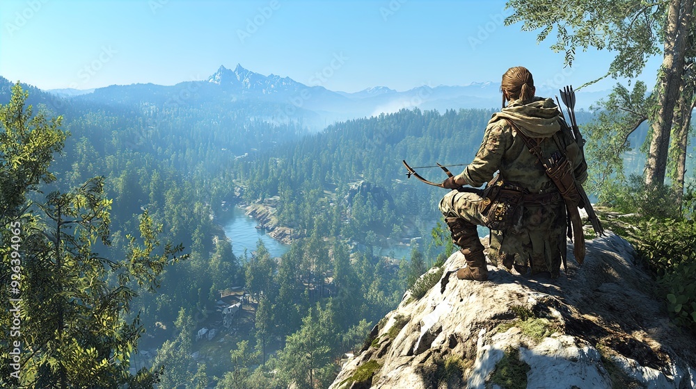 Vigilant Ranger with Crossbow Overlooking Serene Forest: A Perfect Poster for Outdoor Adventure Decor and Sports-Themed Interiors Vigilant Ranger with Crossbow Overlooking Serene Forest: A Perfect Poster for Outdoor Adventure Decor and Sports-Themed Interiors