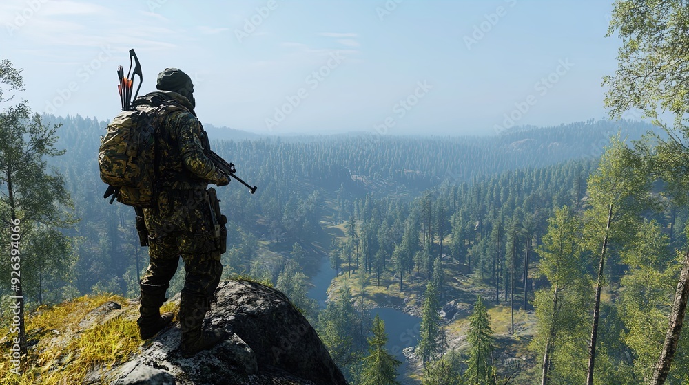 Vigilant Ranger with Crossbow Overlooking Serene Forest: A Perfect Poster for Outdoor Adventure Decor and Sports-Themed Interiors Vigilant Ranger with Crossbow Overlooking Serene Forest: A Perfect Poster for Outdoor Adventure Decor and Sports-Themed Interiors