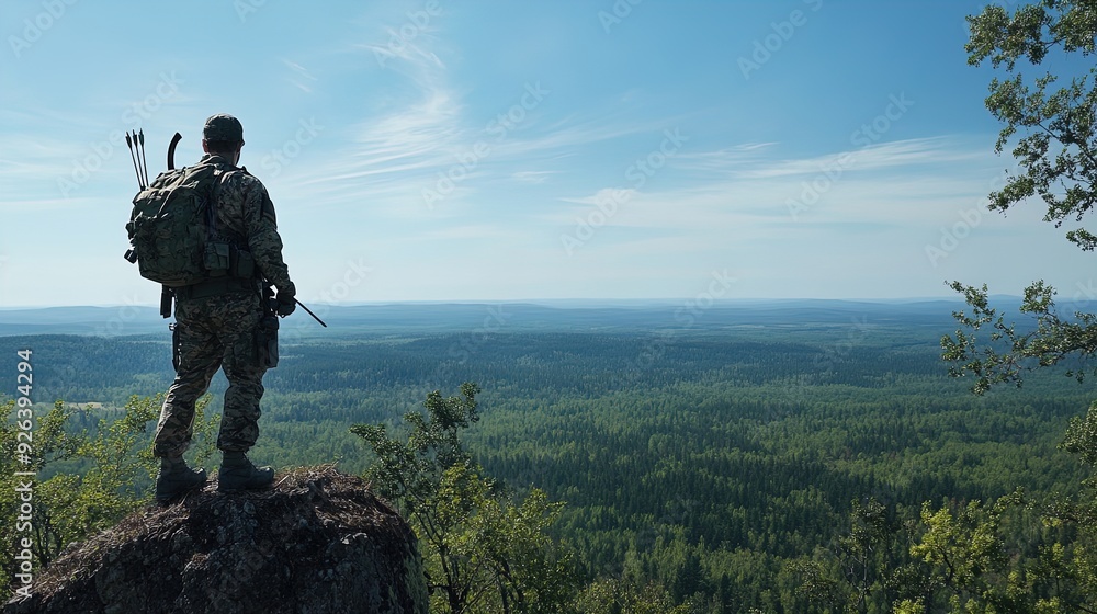 Vigilant Ranger with Crossbow Overlooking Serene Forest: A Perfect Poster for Outdoor Adventure Decor and Sports-Themed Interiors Vigilant Ranger with Crossbow Overlooking Serene Forest: A Perfect Poster for Outdoor Adventure Decor and Sports-Themed Interiors