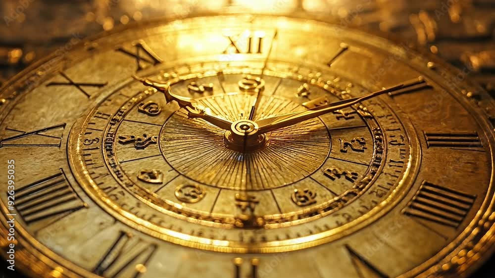 A gold clock with roman numerals showing the time of 10:30. The clock is set in a dark setting, with the numbers and roman numerals glowing in the background A gold clock with roman numerals showing the time of 10:30. The clock is set in a dark setting, with the numbers and roman numerals glowing in the background