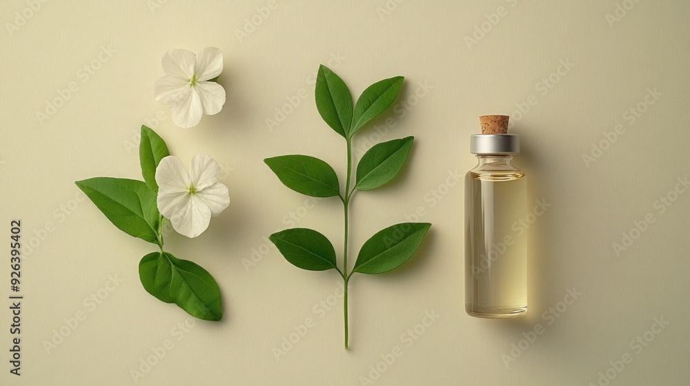 Minimalistic Composition Featuring Bacopa Flower, Leaf, and Small Vial of Extract Minimalistic Composition Featuring Bacopa Flower, Leaf, and Small Vial of Extract