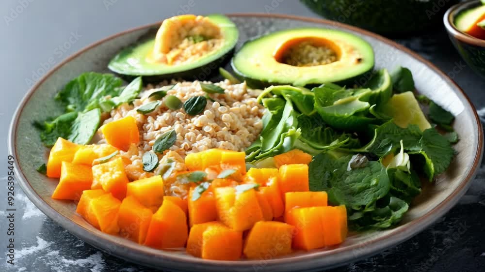 A plate of food with a variety of vegetables and fruits, including avocado, spinach, and pumpkin