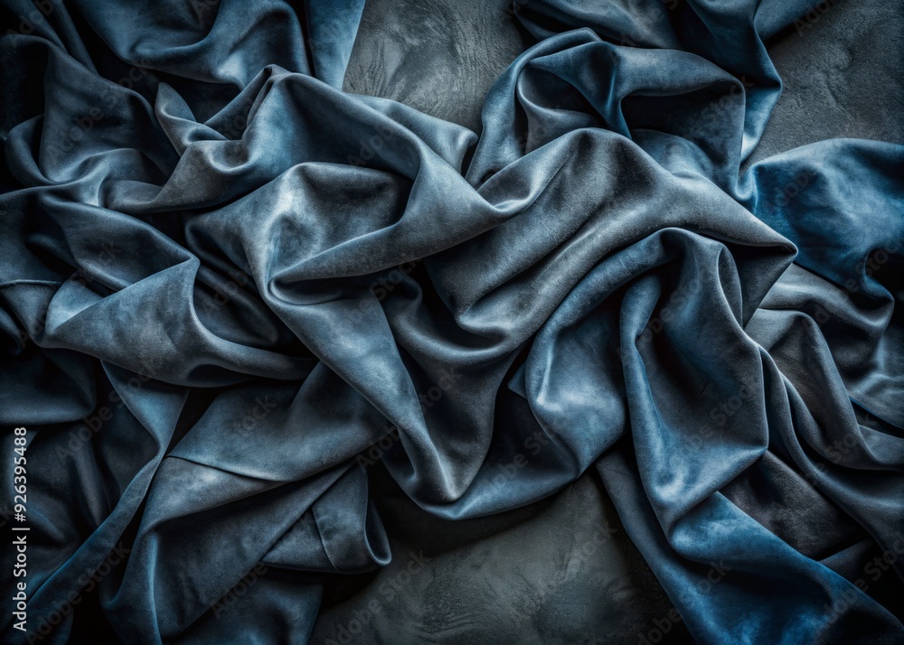 Moody studio shot of crumpled suede fabric with deep dramatic shadows and strong highlights in monochromatic palette of dark blues and grays. Moody studio shot of crumpled suede fabric with deep dramatic shadows and strong highlights in monochromatic palette of dark blues and grays.