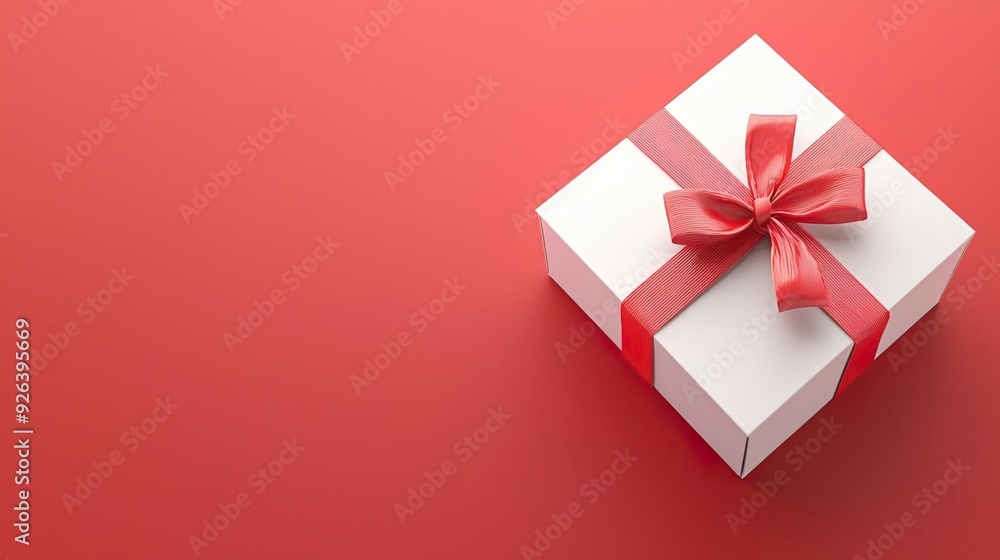 White gift box with red ribbon on red background. White gift box with red ribbon on red background.