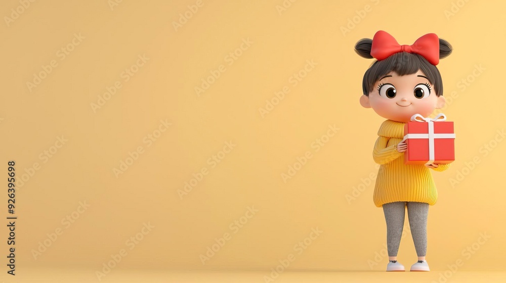 Cute cartoon girl holding a gift box on a yellow background. Cute cartoon girl holding a gift box on a yellow background.