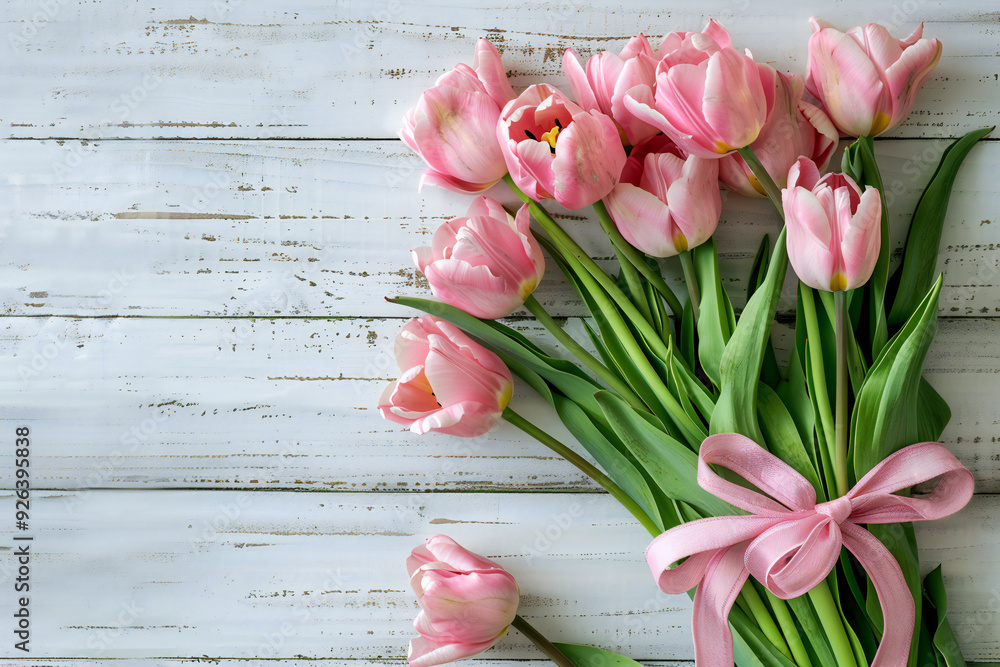 Pink Tulips on Rustic White Wood with Ribbon Creating a Charming Floral Arrangement for Spring Decor Copyspace Pink Tulips on Rustic White Wood with Ribbon Creating a Charming Floral Arrangement for Spring Decor Copyspace
