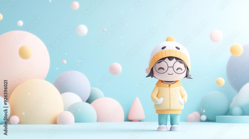 Cute cartoon girl in winter clothes with colorful geometric shapes background. Cute cartoon girl in winter clothes with colorful geometric shapes background.
