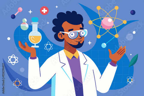 Science. A scientist man in glasses and a lab coat examines atoms or neurons. A scientific discovery in the field of physics or chemistry. Vector illustration
