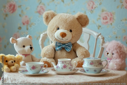 A teddy bear wearing a cute bow tie, sitting at a small tea party table with tiny teacups and other plush friends