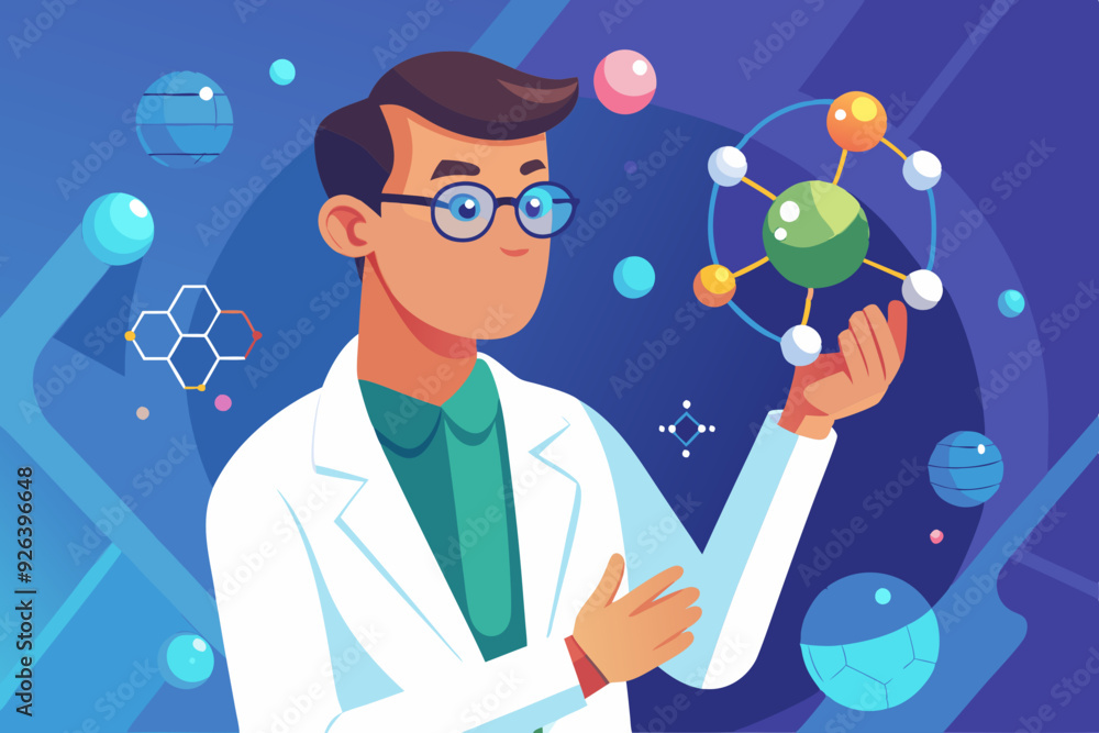Science. A scientist man in glasses and a lab coat examines atoms or neurons. A scientific discovery in the field of physics or chemistry. Vector illustration
Science. A scientist man in glasses and a lab coat examines atoms or neurons. A scientific discovery in the field of physics or chemistry. Vector illustration