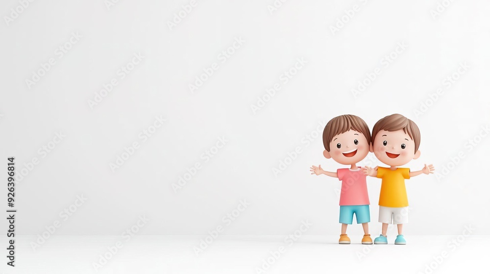 Two happy cartoon boys standing together with arms outstretched, isolated on white background. Two happy cartoon boys standing together with arms outstretched, isolated on white background.
