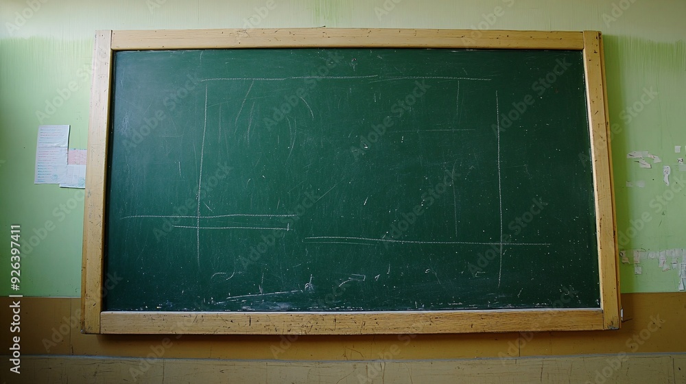 Fototapeta premium A vintage green chalkboard with a wooden frame mounted on a yellow and green wall.