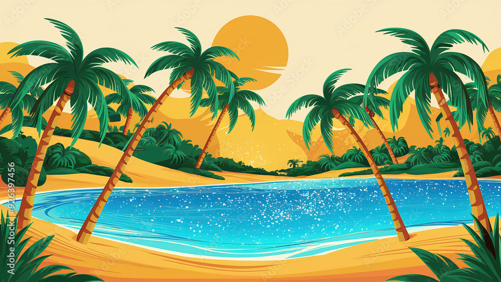 Tropical Sea beach background, landscape with sand beach, sea water edge and palm trees. Colorful simple vector art illustration, banner, wallpaper Tropical Sea beach background, landscape with sand beach, sea water edge and palm trees. Colorful simple vector art illustration, banner, wallpaper