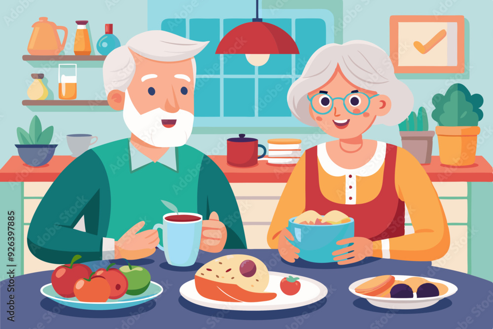 Elderly couple is having breakfast at the table in the kitchen. Happy seniors eat tasty and healthy food. Grandma and Grandpa are having lunch
Elderly couple is having breakfast at the table in the kitchen. Happy seniors eat tasty and healthy food. Grandma and Grandpa are having lunch