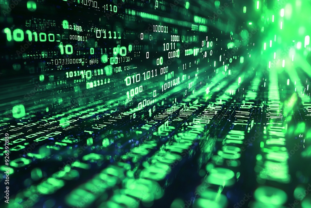 Green Dark Binary Code with Data Streaming Background created with Generative AI Green Dark Binary Code with Data Streaming Background created with Generative AI