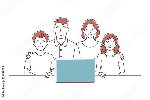 A cheerful family seated at a table, with a blank sign in view, symbolizing togetherness and shared moments doodle continuous line art vector illustration on white background