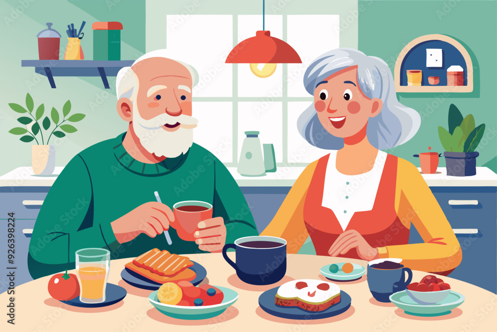 Elderly couple is having breakfast at the table in the kitchen. Happy seniors eat tasty and healthy food. Grandma and Grandpa are having lunch
Elderly couple is having breakfast at the table in the kitchen. Happy seniors eat tasty and healthy food. Grandma and Grandpa are having lunch