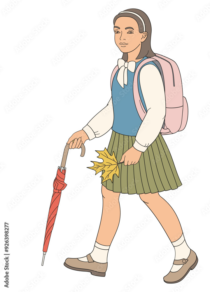 schoolgirl in school uniform with umbrella and  backpack