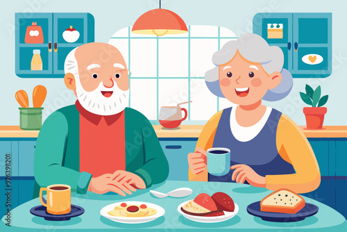 Elderly couple is having breakfast at the table in the kitchen. Happy seniors eat tasty and healthy food. Grandma and Grandpa are having lunch
