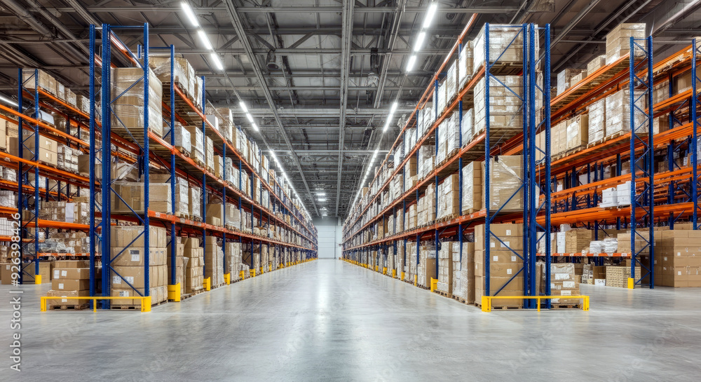 Huge distribution warehouse with high shelves. logistics depot. Huge distribution warehouse with high shelves. logistics depot.