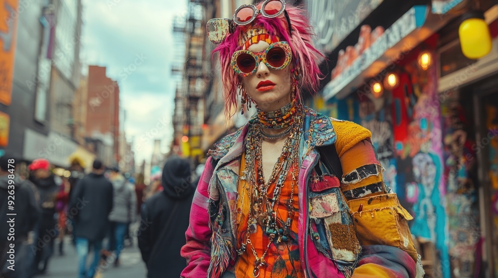 Fototapeta premium Decora Fashion Enthusiast in Bustling Urban Street with Bright Colors and Layers of Accessories