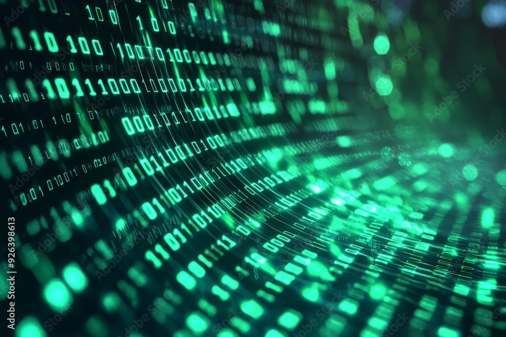 Green Dark Binary Code with Data Streaming Background created with Generative AI Green Dark Binary Code with Data Streaming Background created with Generative AI