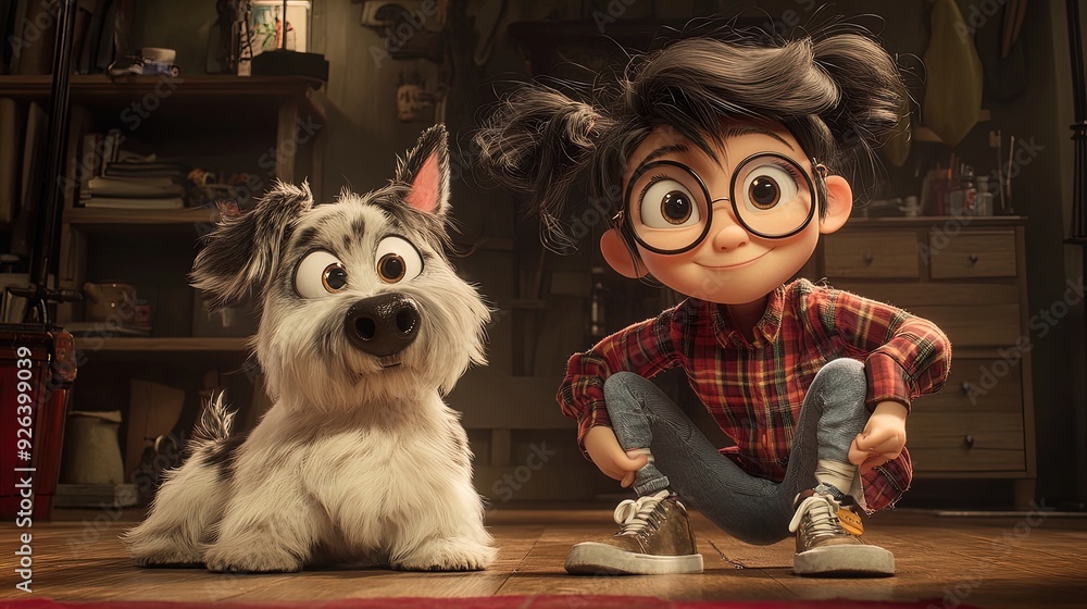 Obraz premium Cheerful Girl with Sneakers and Cartoon Dog: Perfect Poster for Energetic Sports Interiors, Capturing Playful Spirit and Mischief!