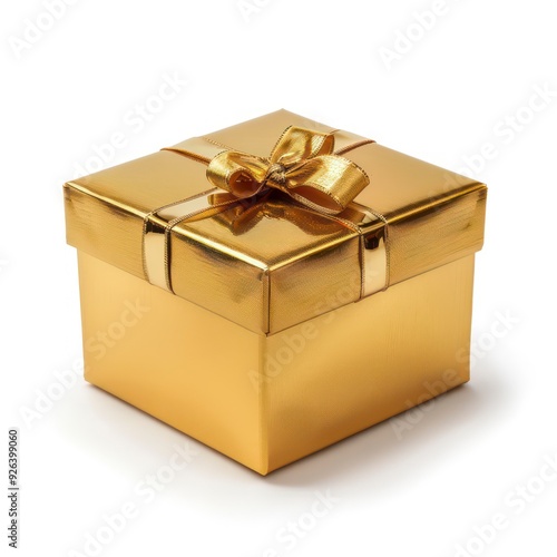 A golden gift box sits isolated against a white background, adorned with a beautiful ribbon and bow, perfect for special celebrations. This elegant present signifies joy and generosity.