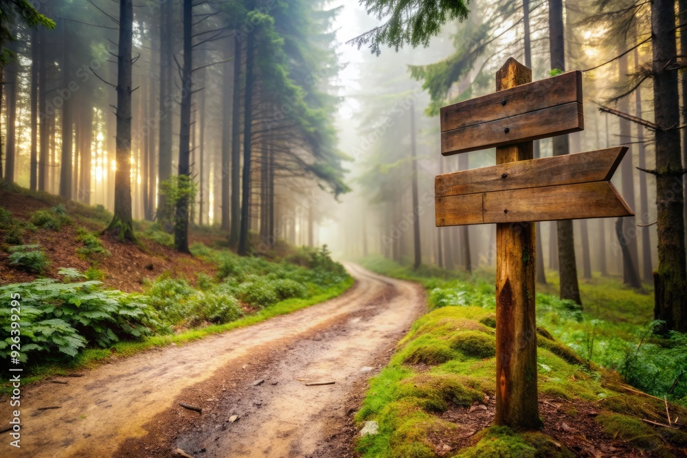 Rustic wooden signs and winding dirt paths disappearing into dense misty forests evoking sense of adventure and mystery