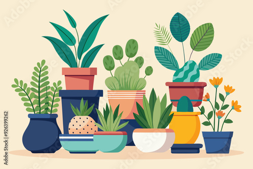 Set of decorative houseplants to decorate the interior of a house or apartment. Collection of various plants in pots
