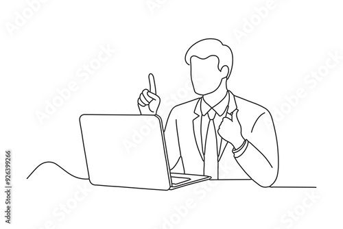 businessman analyzing data on his laptop and holding up him index finger One line continuous line art vector illustration on white background