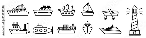 ship water sea vehicle transportation icon boat galley and mercusuar bundle