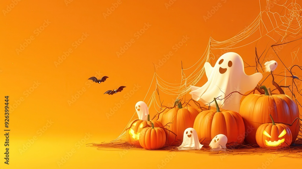 Obraz premium Cheerful Halloween scene featuring happy ghosts, pumpkins, and spiderwebs, with bats flying, all set against a bright orange background.