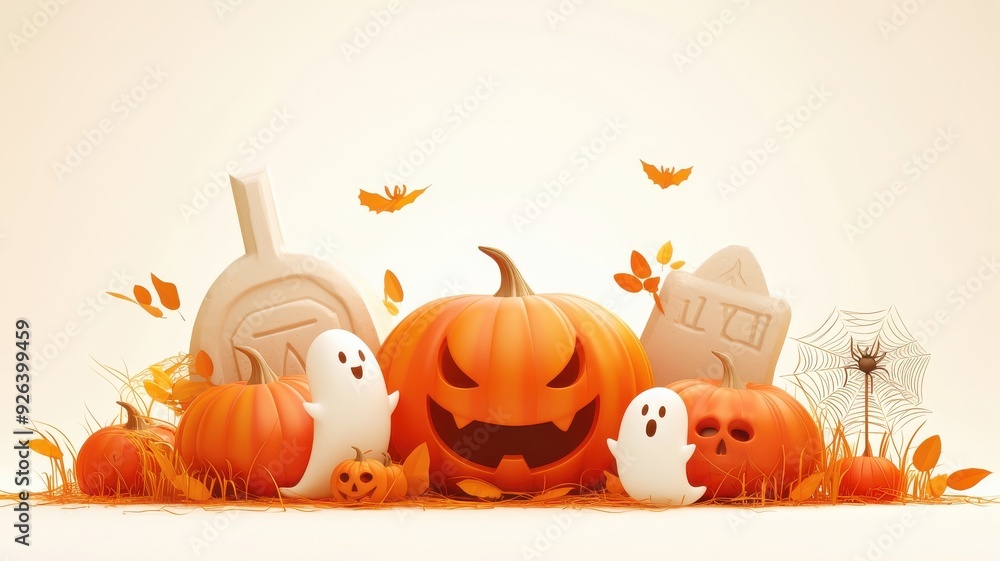 Halloween scene with carved pumpkins, playful ghosts, and gravestones, surrounded by autumn leaves, set against a light background.
Halloween scene with carved pumpkins, playful ghosts, and gravestones, surrounded by autumn leaves, set against a light background.
