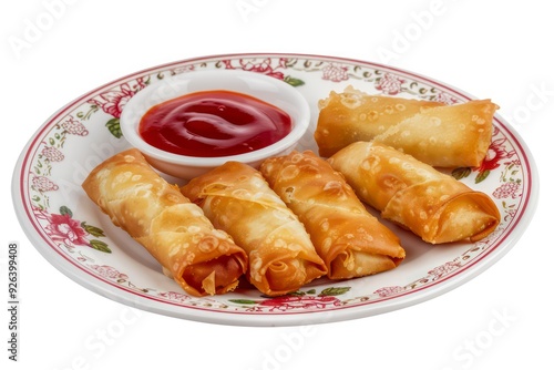 Egg rolls served with a savory sauce on a plate, showcasing a crispy texture and delicious filling, perfect for appetizers or snacks.