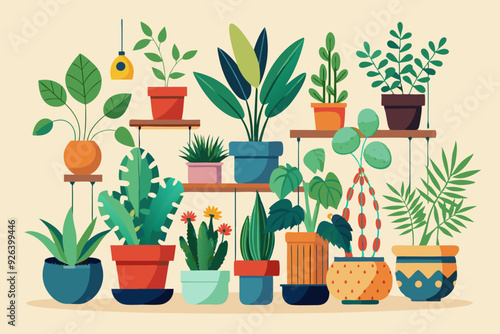 Set of decorative houseplants to decorate the interior of a house or apartment. Collection of various plants in pots
