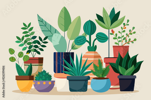 Set of decorative houseplants to decorate the interior of a house or apartment. Collection of various plants in pots
