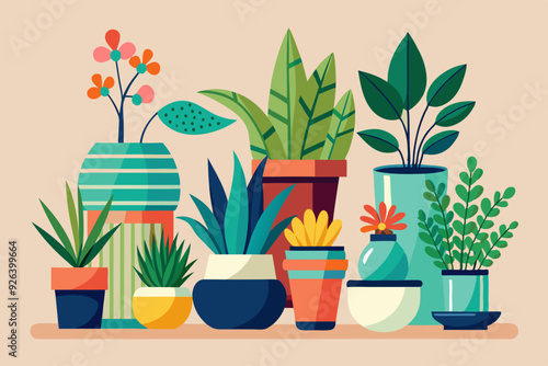 Set of decorative houseplants to decorate the interior of a house or apartment. Collection of various plants in pots
