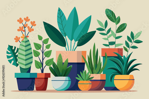 Set of decorative houseplants to decorate the interior of a house or apartment. Collection of various plants in pots
