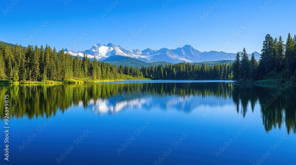 Fototapeta premium A calm lake mirrors majestic mountains and vibrant greenery under bright blue skies